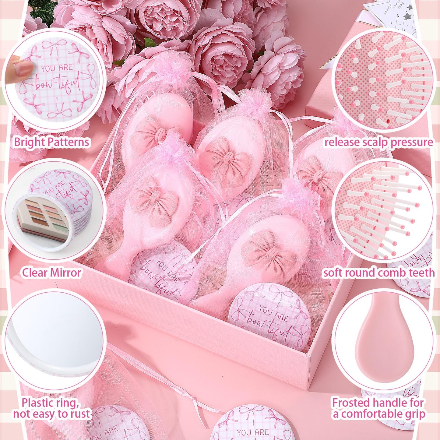Wonderjune 12 Set Pink Bow Party Favors Women Coquette Compact Mirrors with Mini Hair Brush Organza Bag Inspirational Coquette Aesthetic Preppy Gifts for Sleepover Birthday Bow Themed Party Favors