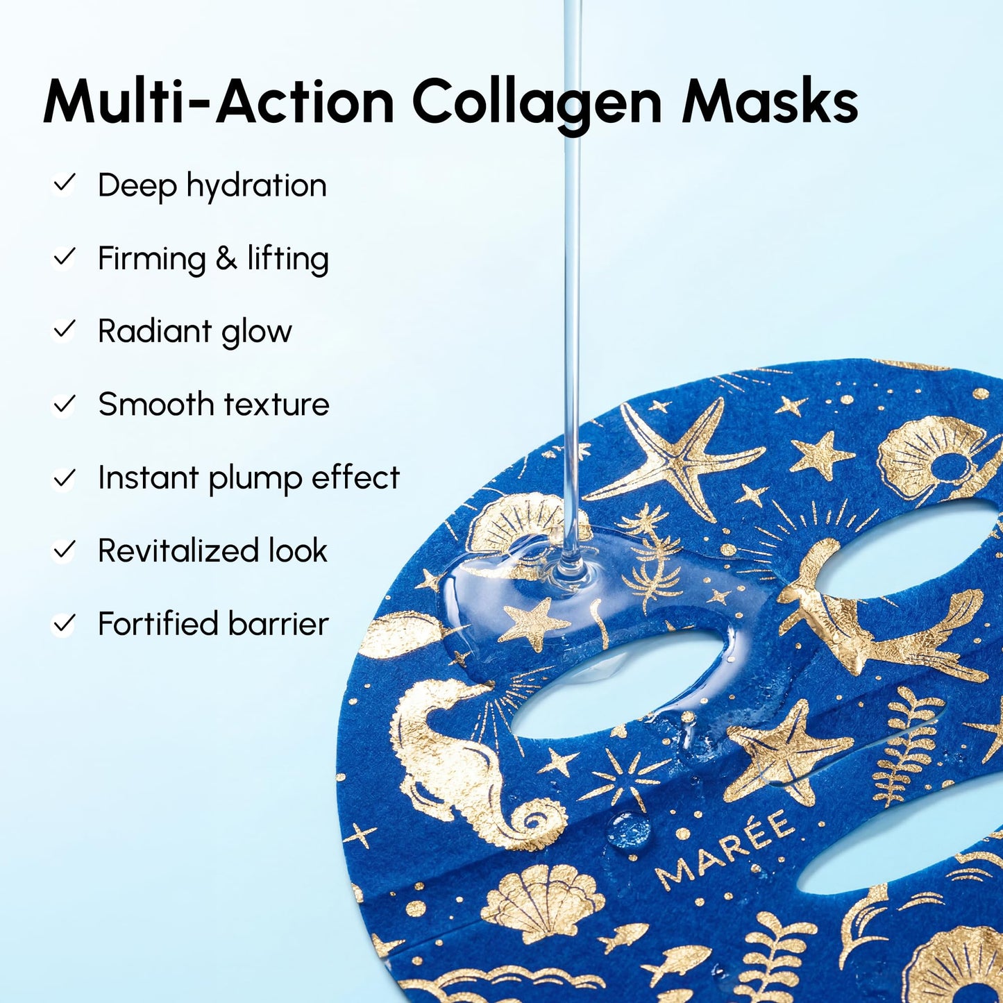 MAREE Collagen Facial Mask with Hyaluronic Acid — Sheet Face Mask Skincare — Centella Asiatica, Green & Red Algae Extract — Hydrating Facemask For Women Skin Care — Mascarillas Para La Cara — 12 Count