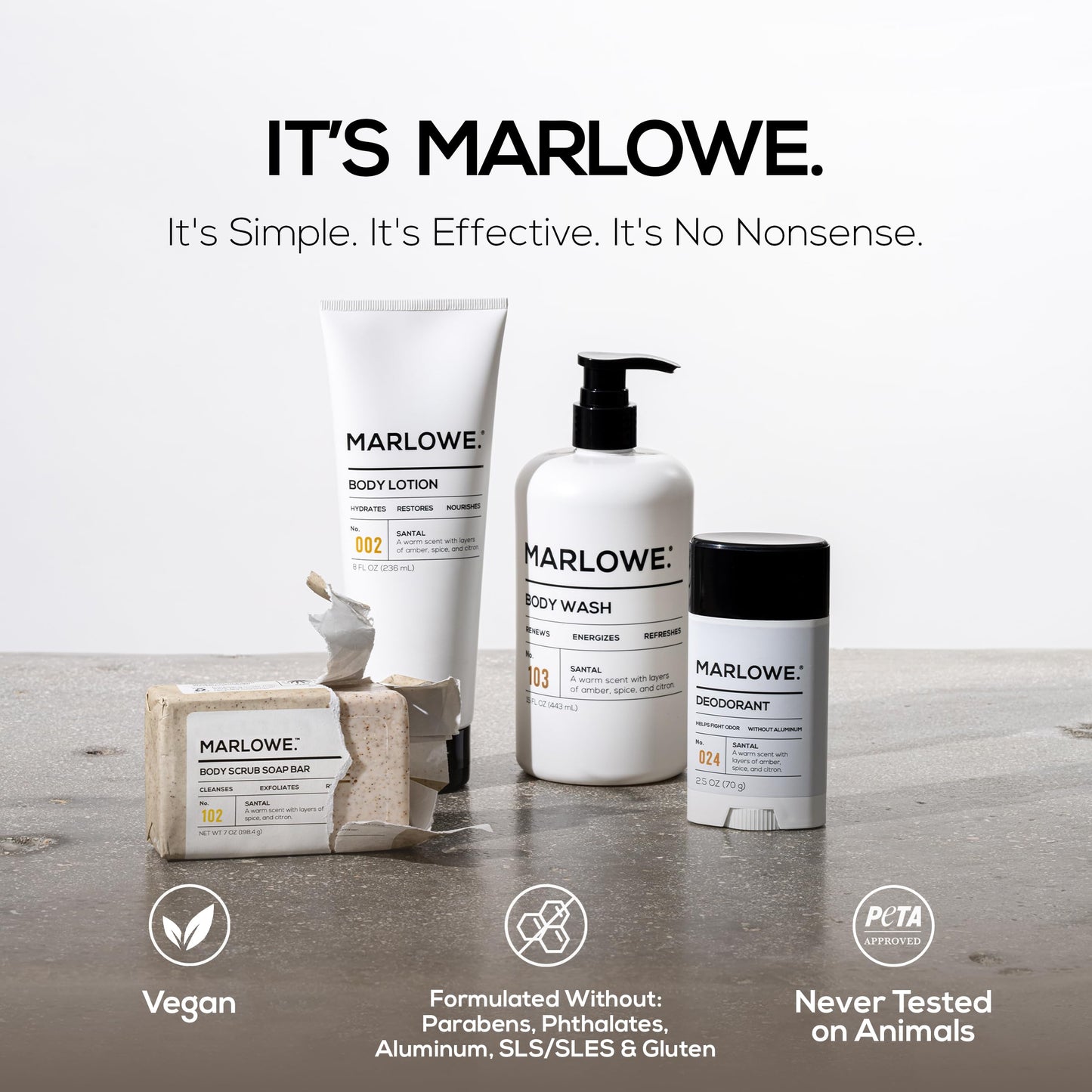 MARLOWE. Men's Santal Body Gift Set, Scrub Soap, Deodorant + Lotion