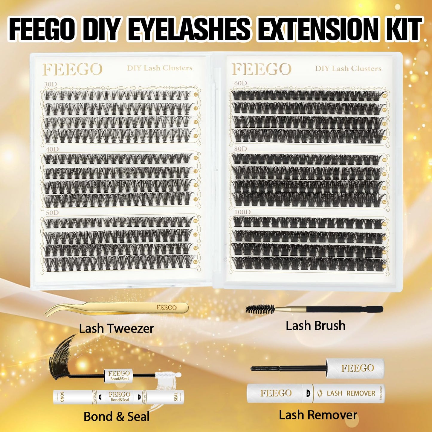 FEEGO 456pcs Cluster Lashes Kit 30-100D Fluffy Volume False Eyelashes with Lashes Adhesive Remover Tweezers Brush 10-16mm Lengths for Natural to Dramatic Look DIY Lash Extensions for Beginners & Pros