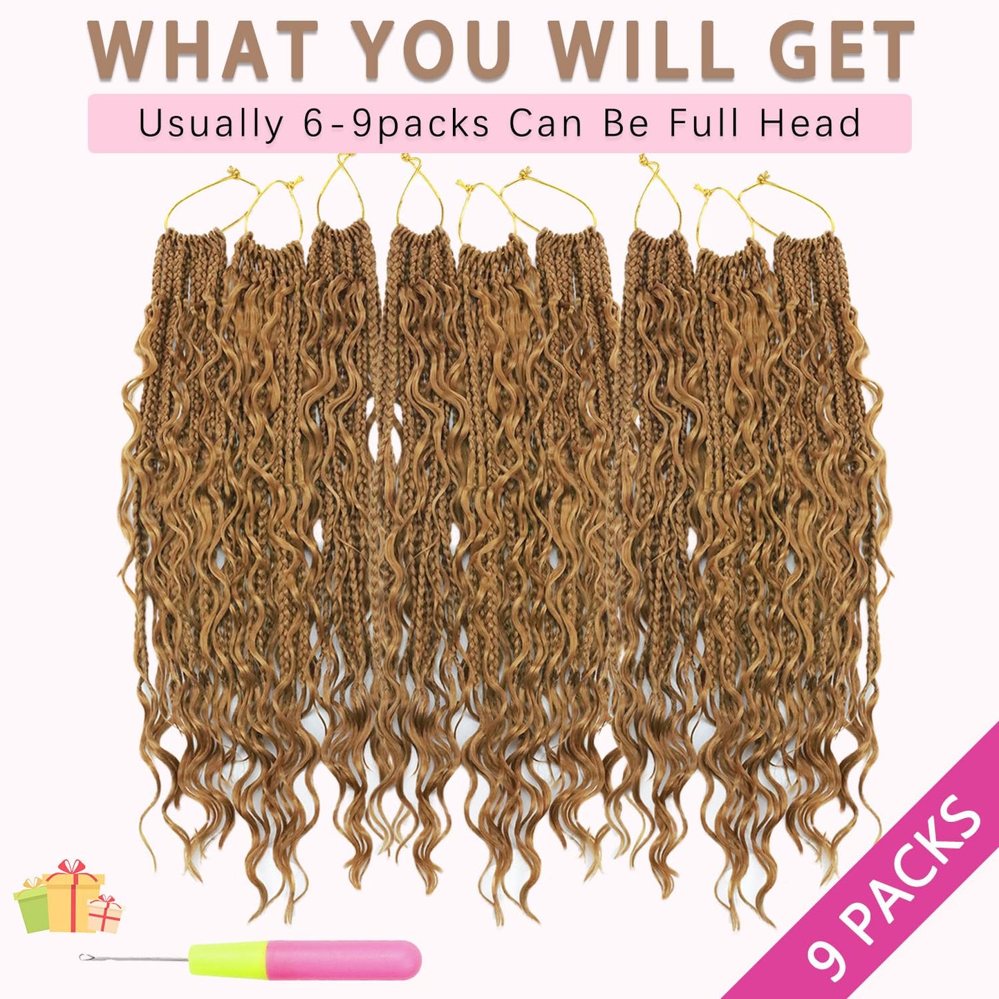 Boho Crochet Braids Human Hair Mixed Synthetic 14Inch 9 Packs Goddess Braids Pre looped Bohemian Braid Crochet Hair for Black Women (14Inch,1B)