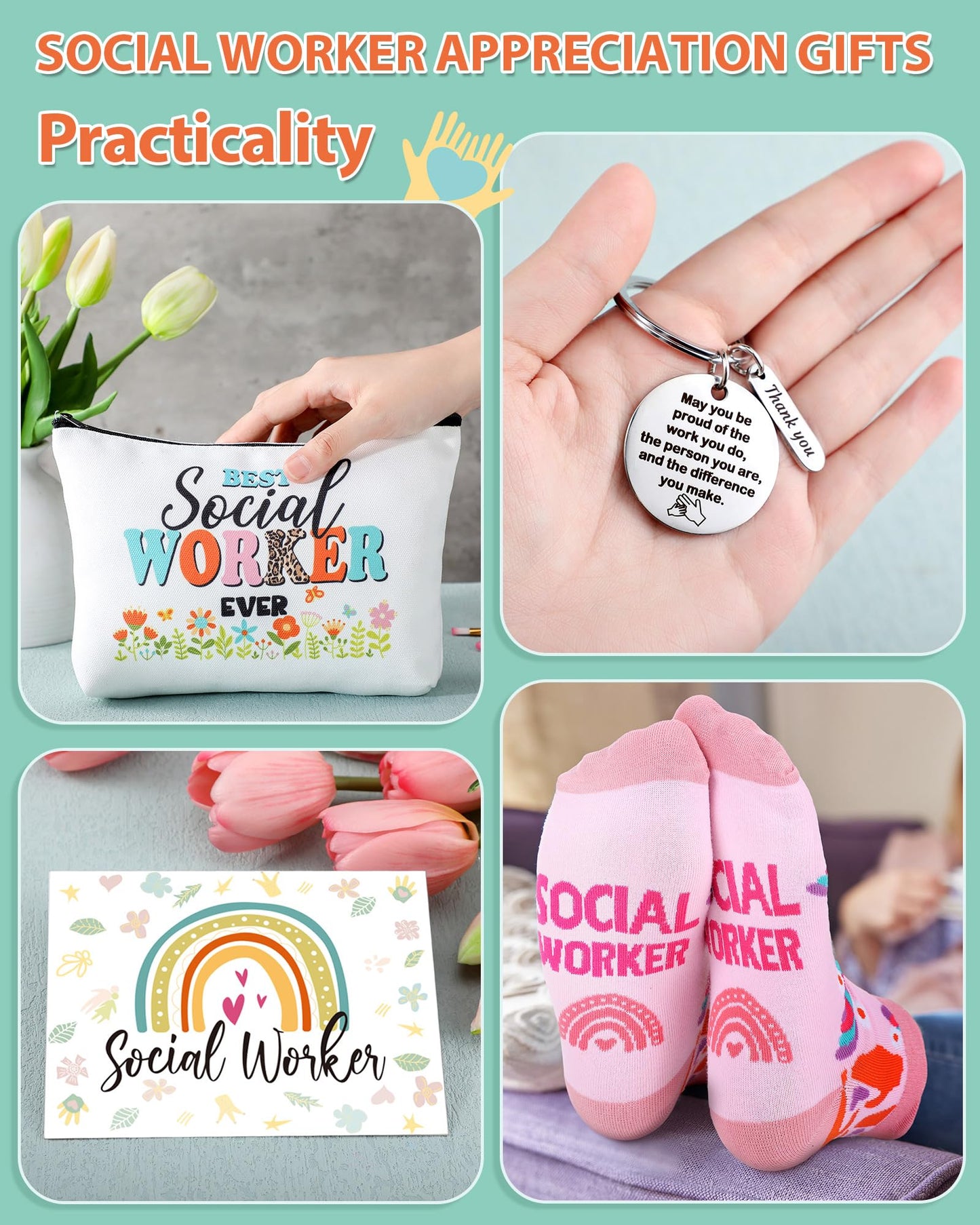 Dansydaisy 48 Pcs Novelty Social Worker Gifts Bulk Include Funny Cotton Ankle Socks Makeup Bag Keychain Greeting Card for Thank You Appreciation Birthday Graduation Gifts Supplies