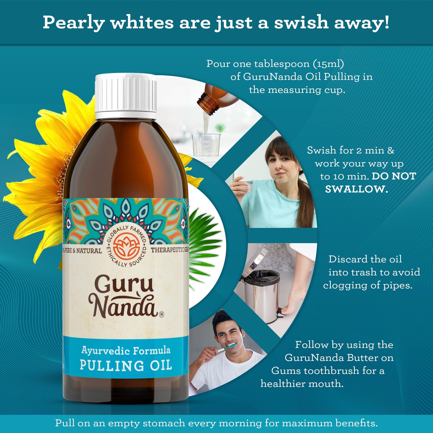 GuruNanda Original Oil Pulling Mouthwash, Promotes Deep Cleaning, With Coconut & Sesame for Teeth & Gum Health & Fresh Breath, ALcohol-free, 3X8.45 Fl Oz