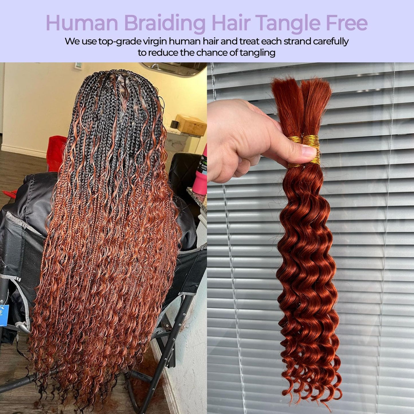 DSEKCAIN 350# Deep Wave Human Braiding Hair Bundles For Boho Braids Ginger Color Crochet 100% Human Hair Deep Curly 100g (2 of 50g) 16 Inch