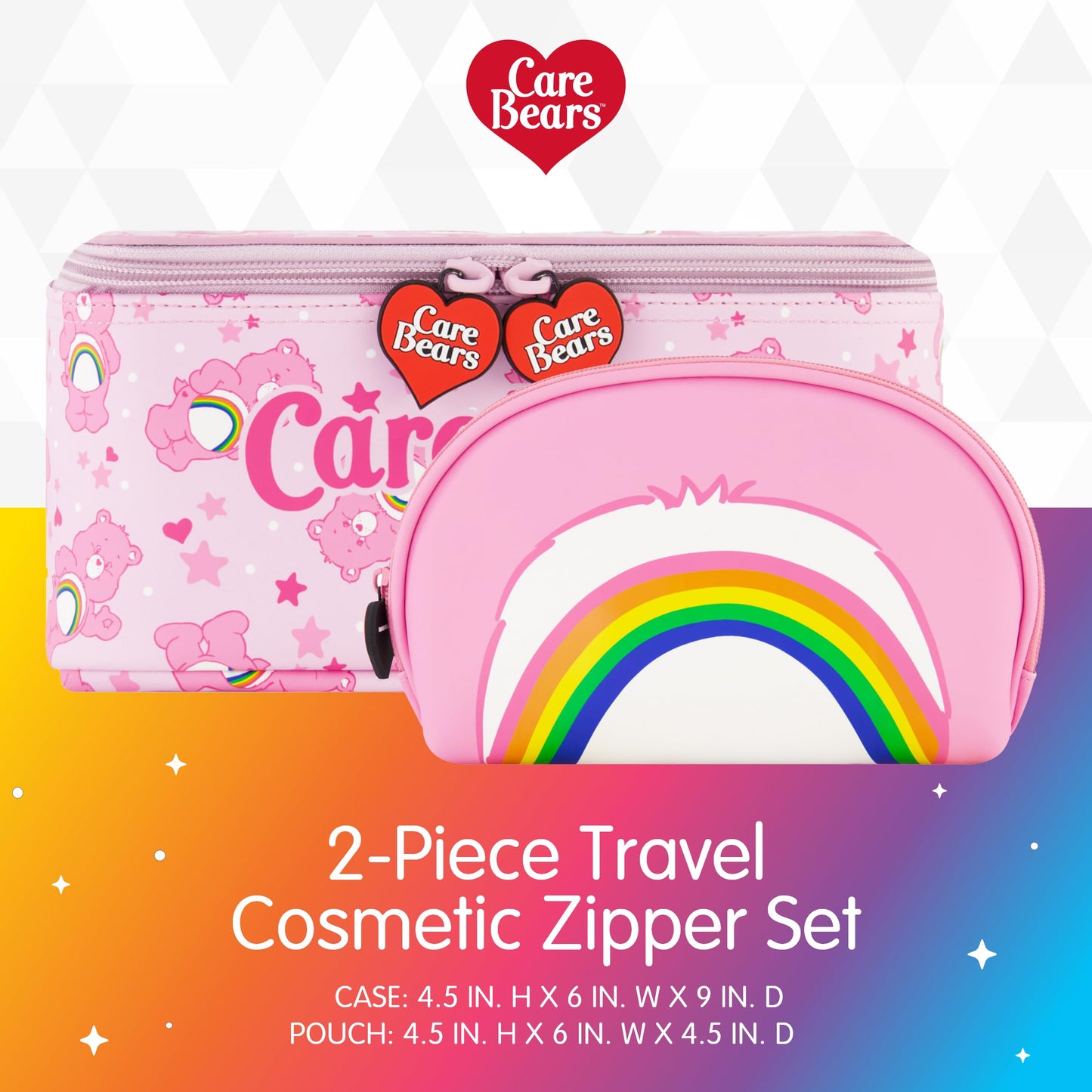 Concept One Care Bears Cosmetic Case Set, Rainbow and Cheer Bear 2-Piece Travel Cosmetic Carry Set with Zippers, Multi