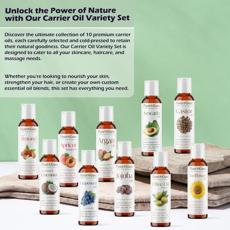Top 10 Carrier Oil Variety Set 2 oz - Cold Pressed 100% Pure Natural, Sweet Almond, Apricot Kernel, Argan, Avocado, Castor, Fractionated Coconut, Grapeseed, Jojoba, Olive and Sunflower.