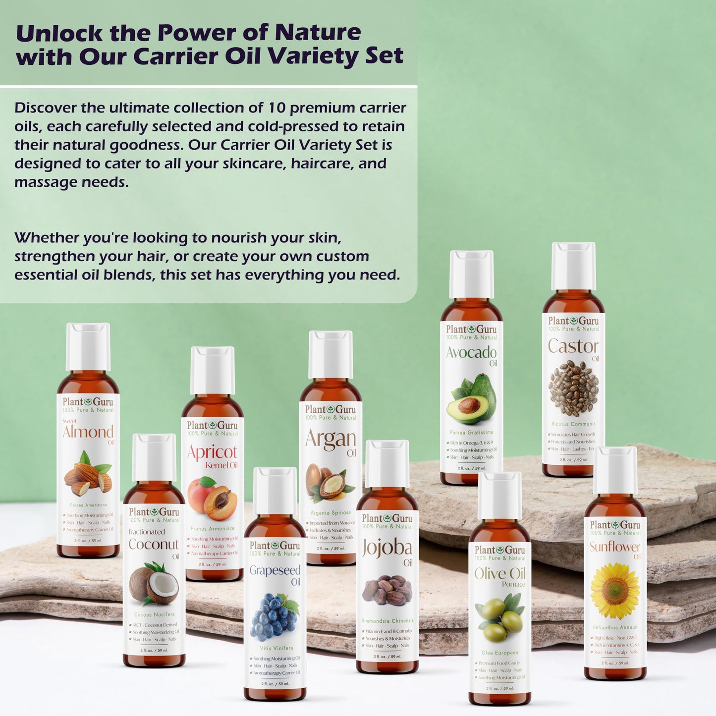 Top 10 Carrier Oil Variety Set 2 oz - Cold Pressed 100% Pure Natural, Sweet Almond, Apricot Kernel, Argan, Avocado, Castor, Fractionated Coconut, Grapeseed, Jojoba, Olive and Sunflower.
