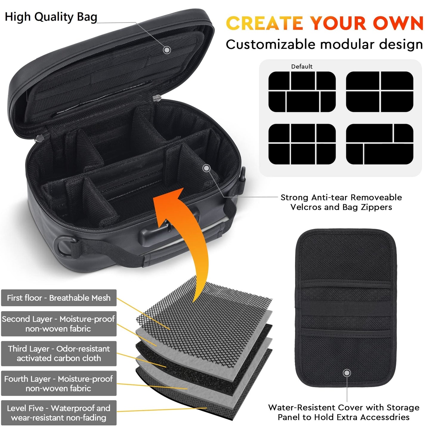 8pc Carbon Lined Pouches w/Accessories,Combo Lock Travel Case,Gift Black