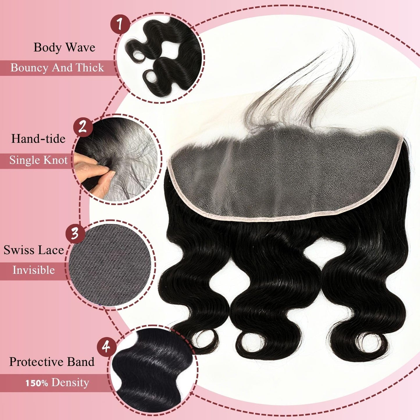 13x4 Lace Frontal Body Wave 16 Inch Ear to Ear HD Lace Frontal Unprocessed Brazilian Virgin Human Hair Frontals Free Part 150% Density Hair Extensions Pre Plucked Natural Color