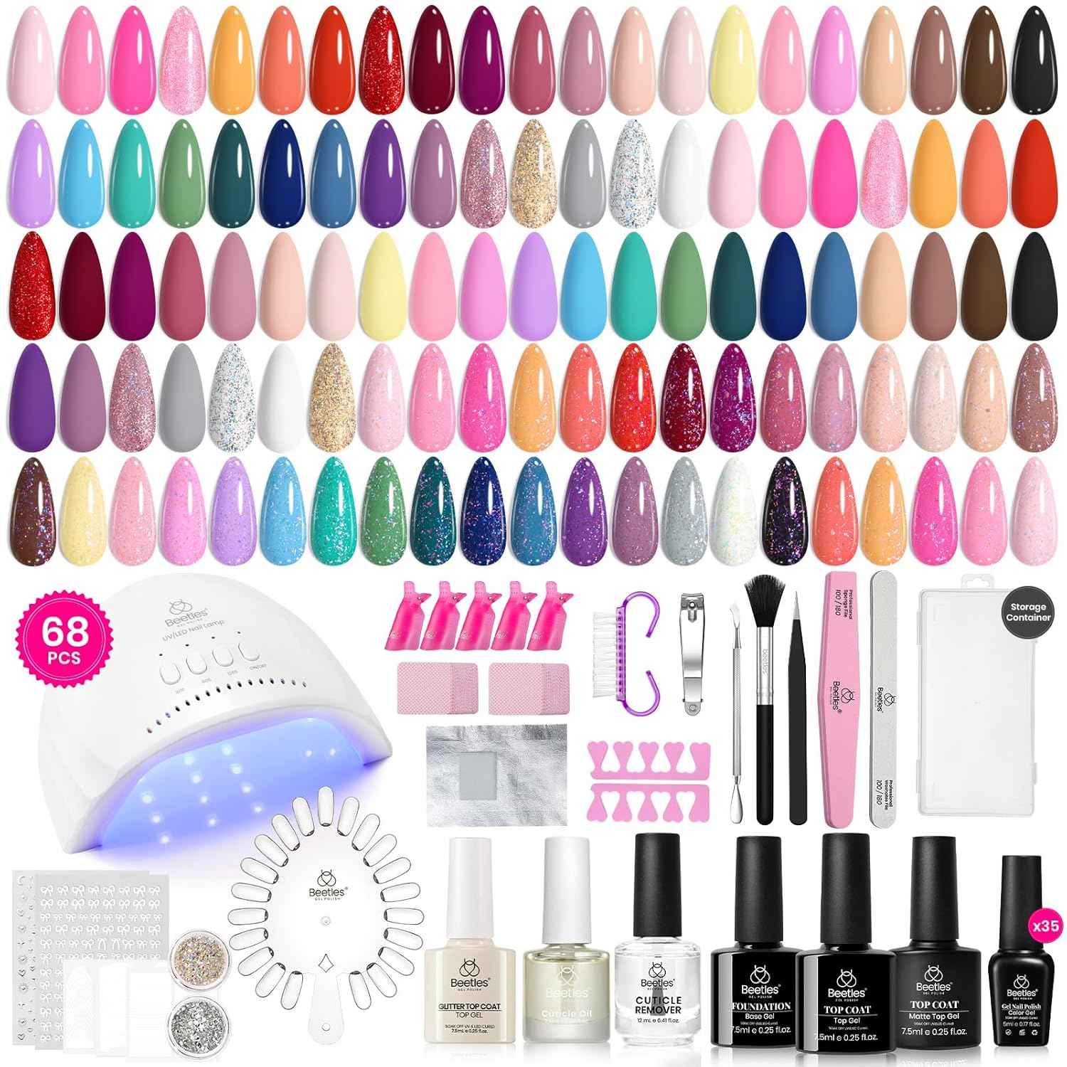 Beetles Gel Nail Polish Kit - 35 Colors + UV Light & 8 Chrome Powders for Stunning Nails