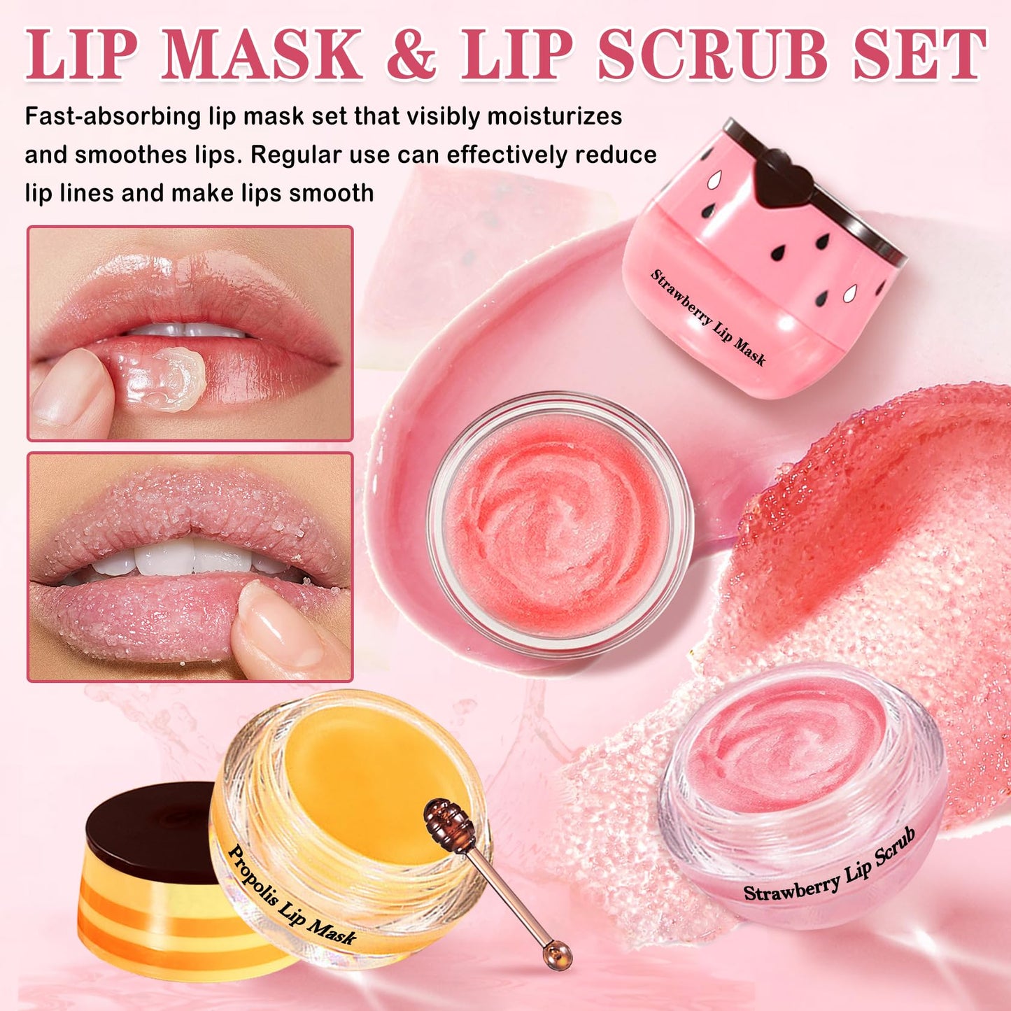 LZXLUKGIR 4PCS Lip Scrub and Mask Set,Strawberry and Honey Pot Lip Balm,Reduces Lip Lines Lip Exfoliator Scrub and Moisturizer,Repair Bee Lip Balm and Lip Scrub Set,Lip Mask Overnight