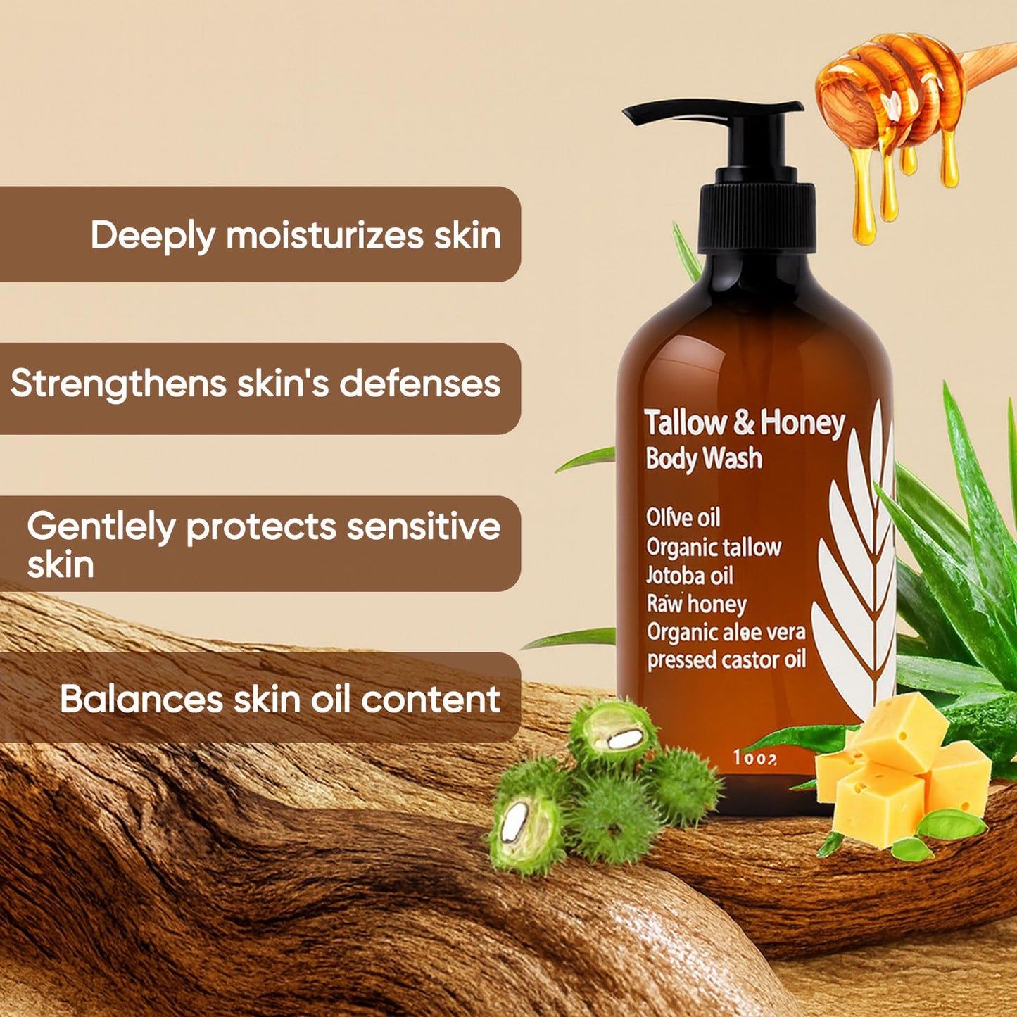 WDVNEX Tallow and Honey Body Wash, Grass-Finished Tallow & Honey Organic Body Wash -10oz, with Grass-Fed Tallow, Olive Oil, Aloe Vera, Shea Butter and Jojoba Oil, Clean & Hydrate Skin (1)
