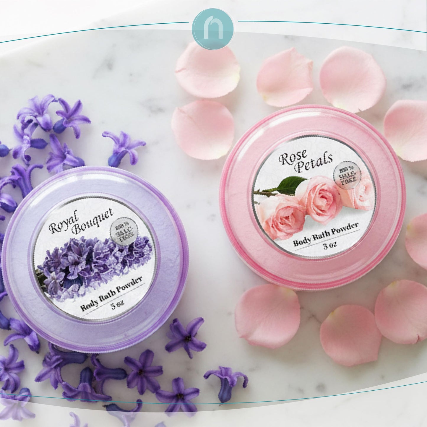 R-NEU 2 Pack Body Powder for Women with Powder Puff, 100% Talc-Free, Elegant Rose Petal & Royal Bouquet Scented Dusting Powder, After Bath for Soft Skin, Extra Large, (2 Pack, 5 Oz Each)