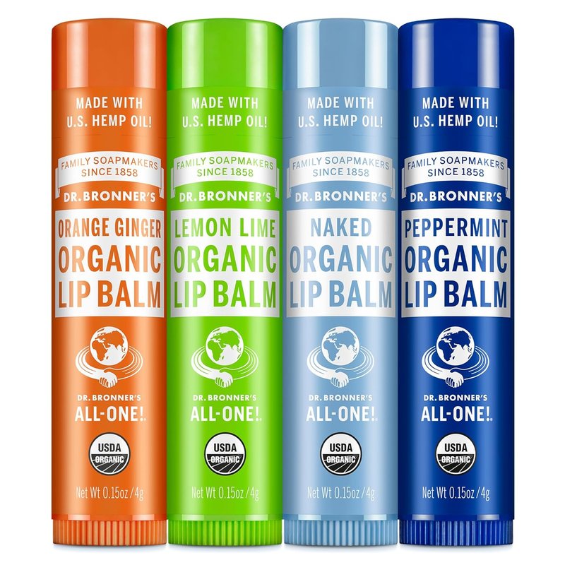 Dr. Bronner's Organic Lip Balm Variety Pack - Peppermint, Orange Ginger, Lemon Lime | 0.15 oz Each, Moisturizing Beeswax & Avocado Oil