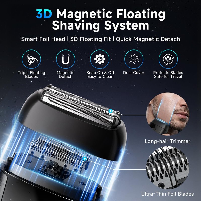Electric Foil Shavers for Men: Mini Electric Razor with 3 Floating Blades, IPX7 Waterproof Foil Shaver, USB-C Rechargeable Shavers for Men with Travel Lock, Compact Grooming Gift for Home & Travel