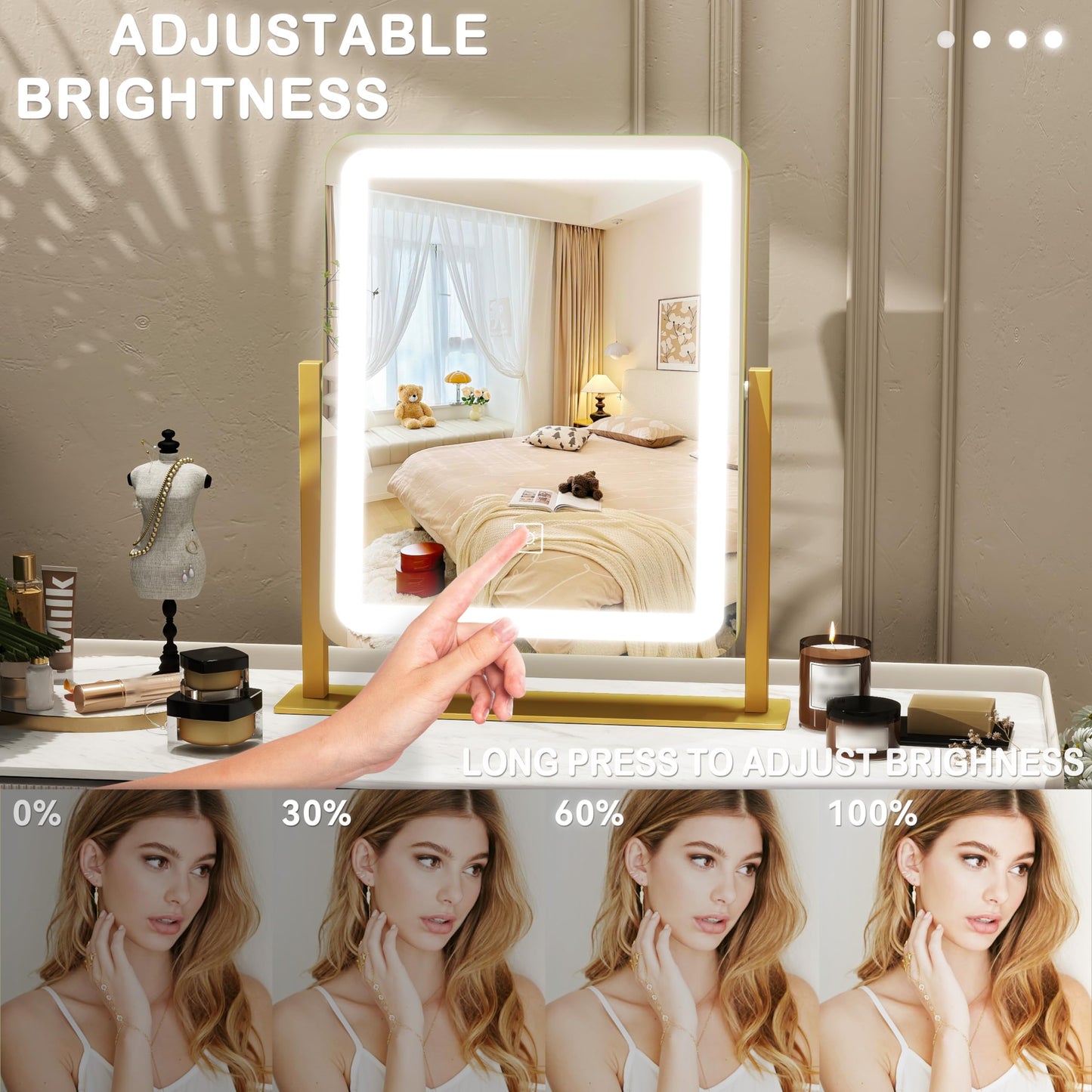 ROLOVE Lighted Makeup Mirror with 3-Color Dimmable Lighting, with Removable 10x Magnifier, Smart Touch Control, 360° Rotation, 15" x 13" Hollywood Vanity Mirror for Tabletop Desk (Gold)
