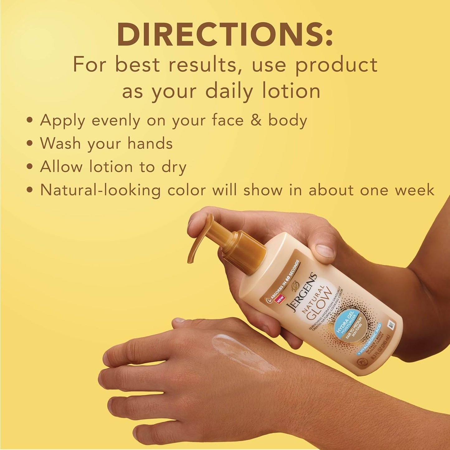 Jergens Natural Glow - Gradual Tanning Lotion with Hyaluronic Acid | Fragrance-Free, 8.3 Fl Oz for Fair to Medium Skin Tone