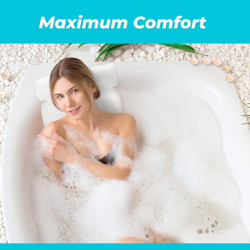 Bathtub Pillow for Neck and Back Support - Machine Washable Bath Headrest with 6 Suction Cups | Drying Hook Included