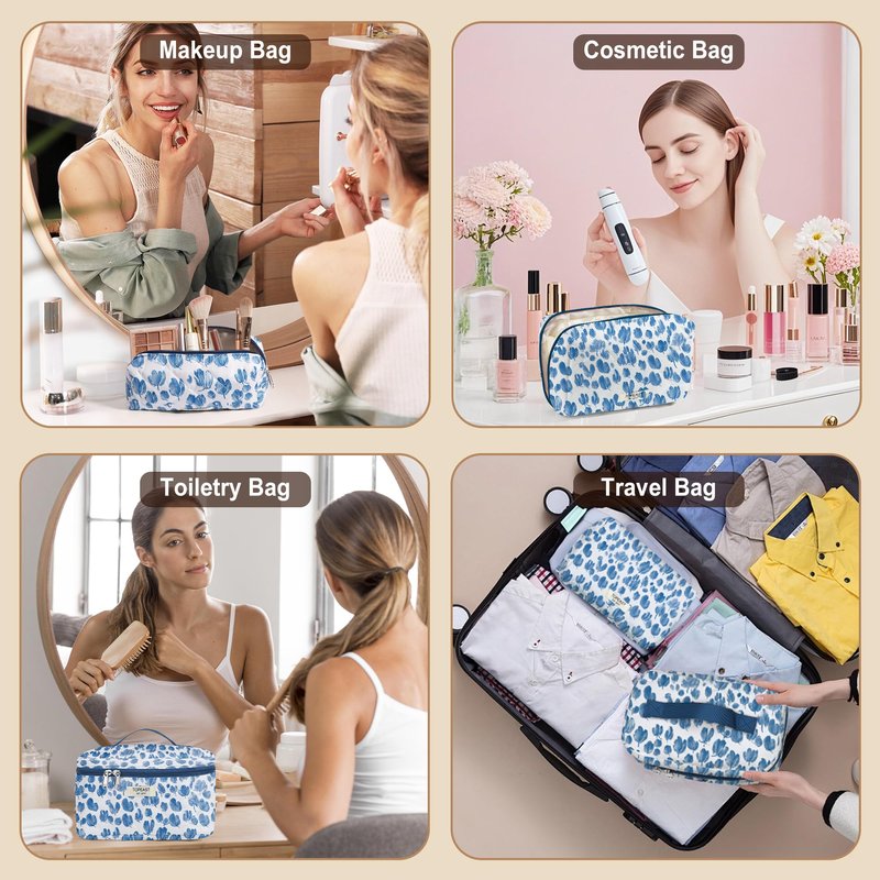 TOPEAST Travel Makeup for Women Girl, 3Pcs Large Cute Quilted Make up Bag Organizer for Purse, Portable Big Cosmetic Brush Pouch with Zipper Compartment, Blue Bow