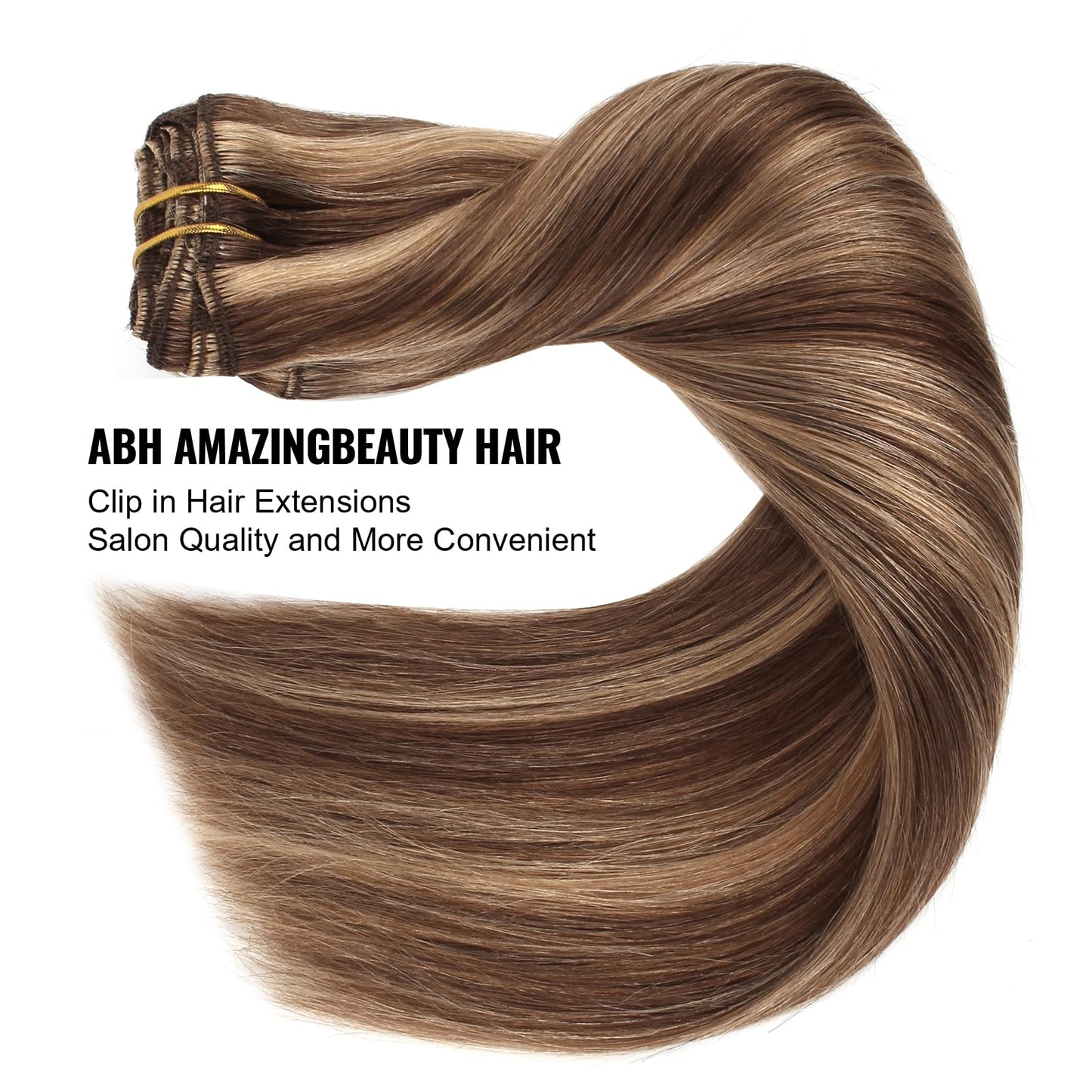 ABH AMAZINGBEAUTY HAIR Highlight Clip in Hair Extensions Human Hair 8 Pieces Chocolate Brown Mixed to Dark Blonde Hair Extensions Clip in Natural Blend Full Head Double Wefts Soft Straight 90G 16 Inch