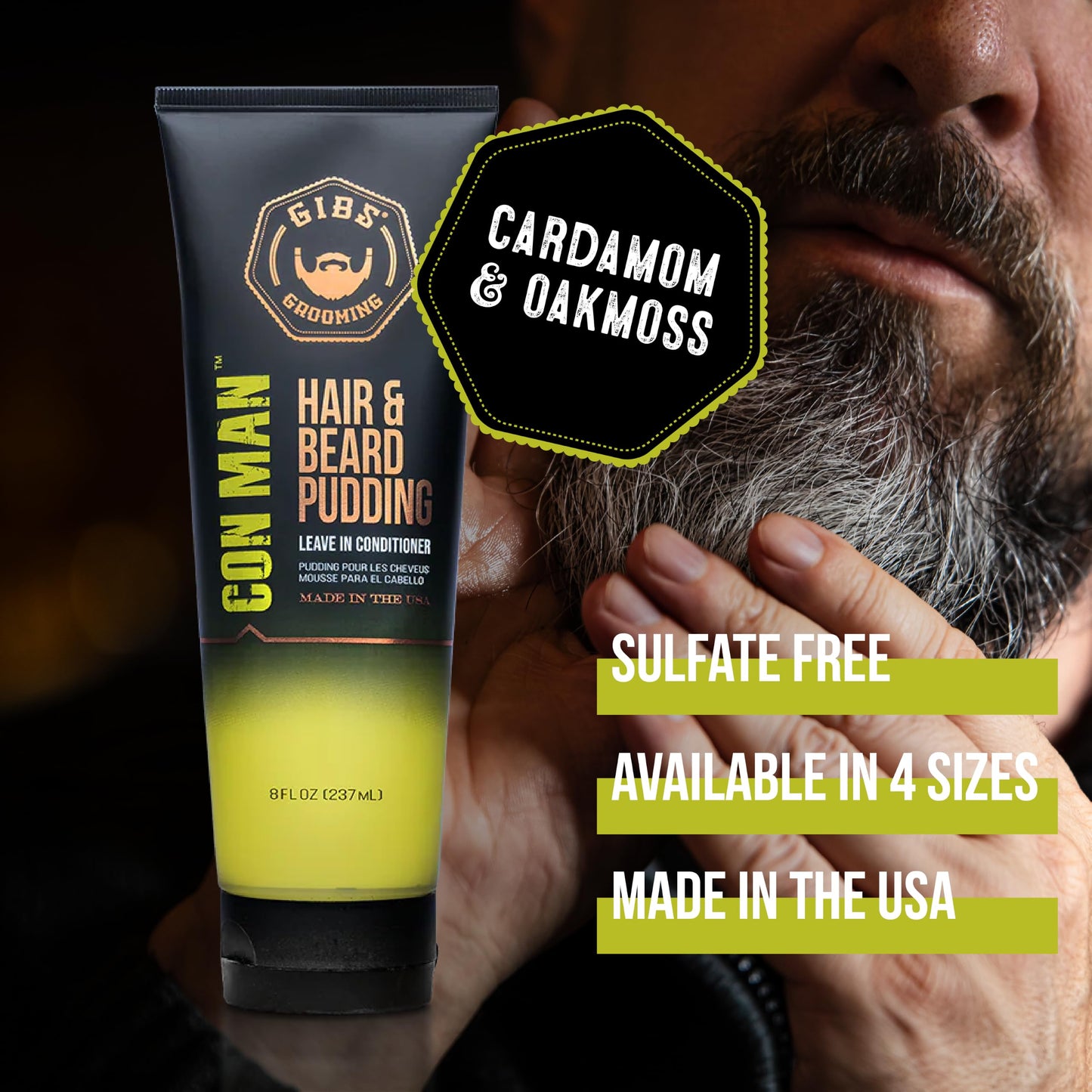 GIBS Grooming Con Man Hair & Beard Pudding (8 oz) Men's Leave In Conditioner - Daily Moisturizer & Styling Aide - Lightweight - Sensitive Skin - All Hair Types – Castor Oil & Hibiscus - Made in USA