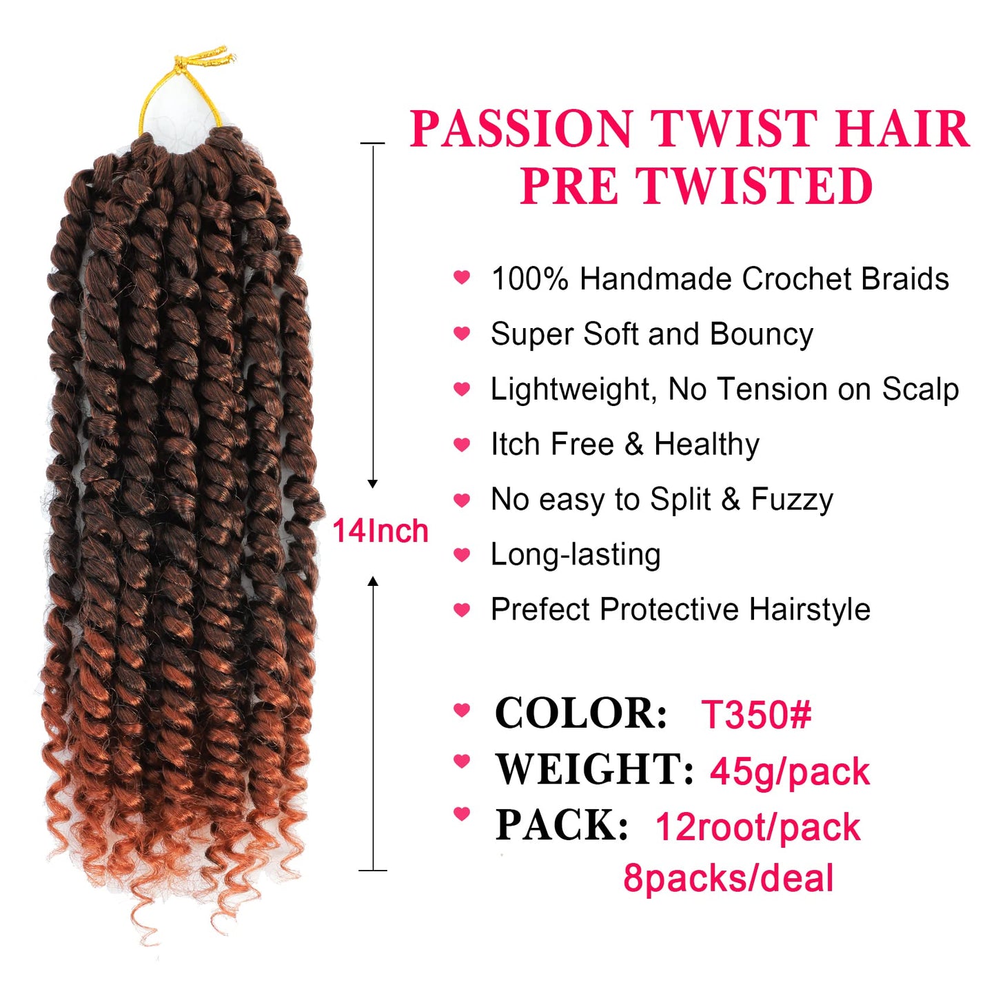 Passion Twist Hair 14 Inch 8 Packs, Pre Twisted Passion Twist Crochet Hair For Black Women, Pre Looped Passion Twist Curly Crochet Hair, Short Crochet Passion Twist Hair (14 Inch (Pack of 8), T350#)