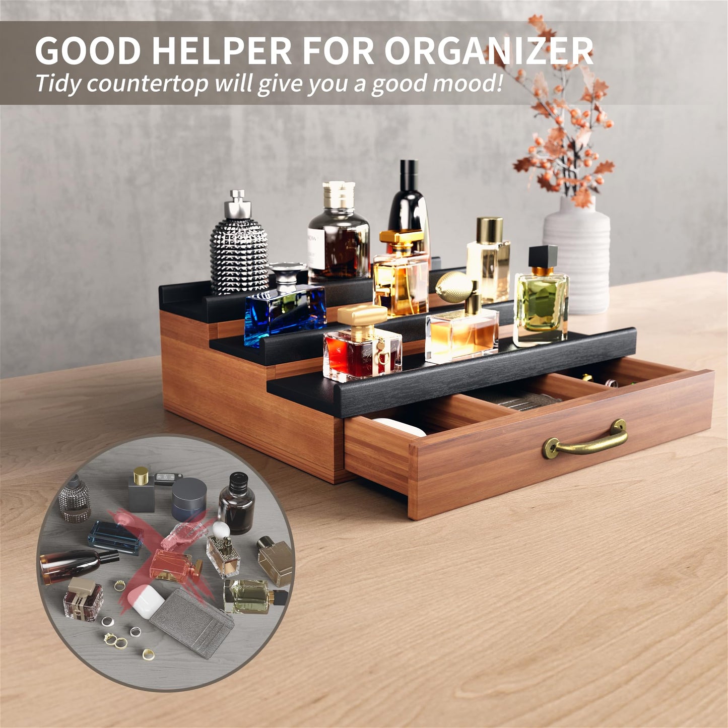 YIKIBOX Cologne Organizer for Men,Wooden Perfume Organizer with Hidden Compartment and Drawer,Cologne Stand and Storage Display Risers for Dresser,Great Gift for Men/Friend（Brown）
