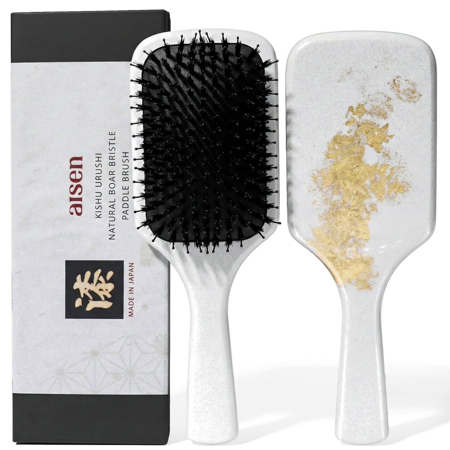 aisen Japan - Boar Bristle Hair Brush – Japanese Urushi Lacquer Paddle, Smoothing & Anti-Frizz, Scalp Massage Detangler, Elegant Gift Box, Made in Japan (Pearl White)