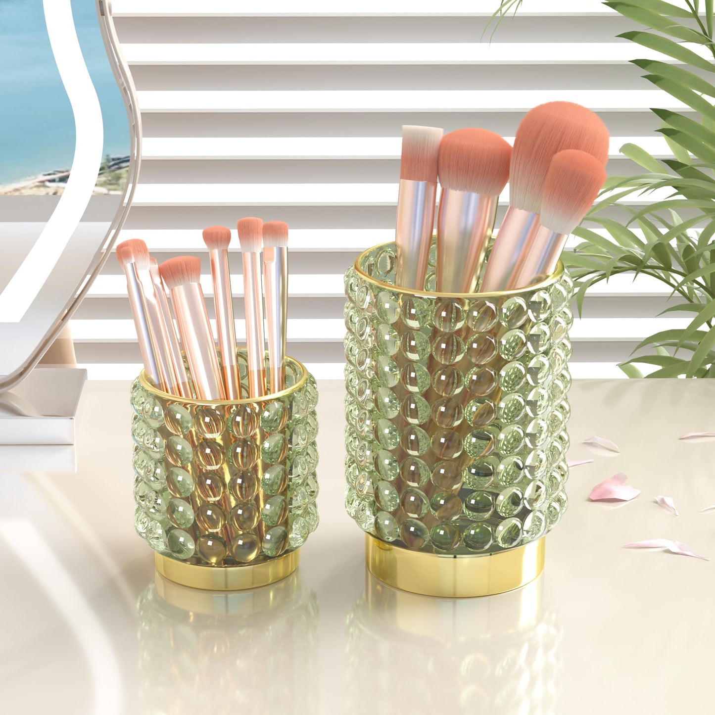AZeeKMon Makeup Brush Holder Organizer, Clear Green Cosmetic Glass Storage Holder, Vintage Crystal Bubble Gold Make Up Brush Cup Pen Pencil Holder