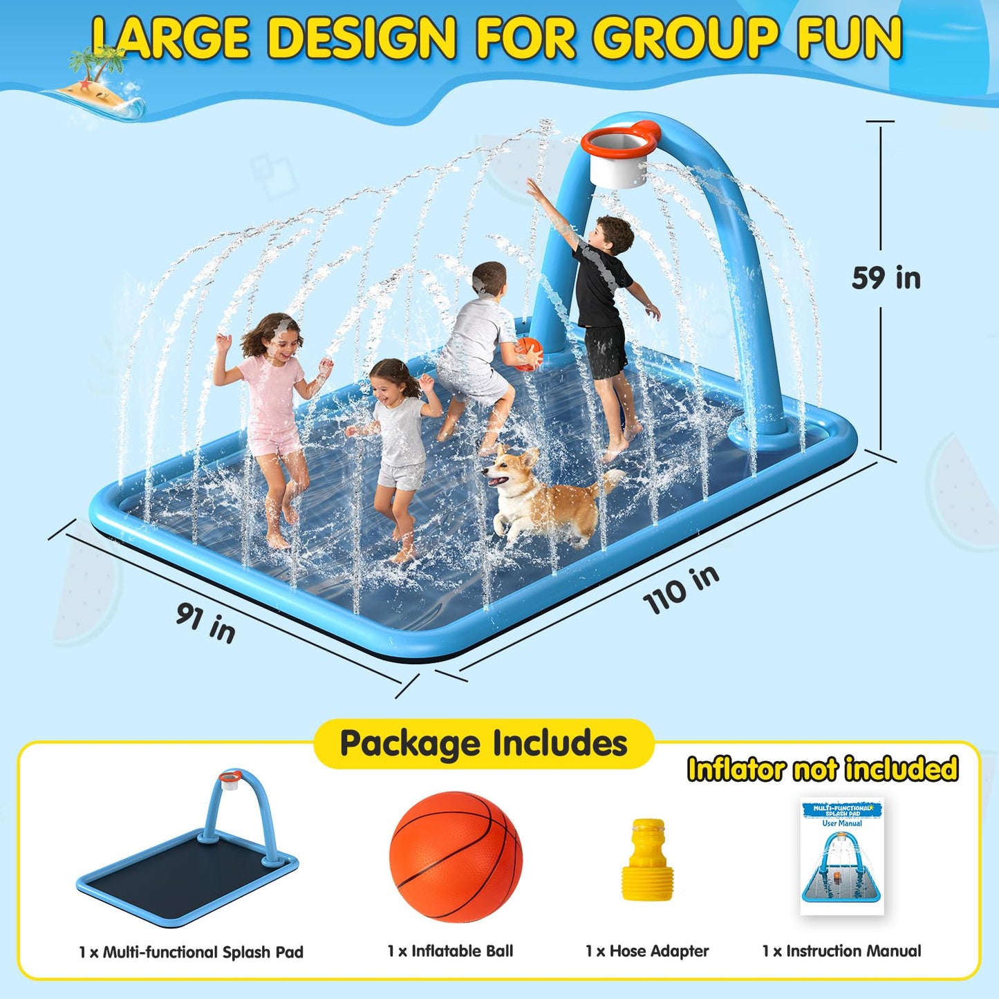 Instraella Splash Pad, 110x91'' 2-in-1 Large Sprinkler Mat with Basketball Hoop and Arch for Kids Outdoor Play, Shoot Game for Backyard, Inflatable Water OutdoorToys More Fun for Boys and Girls