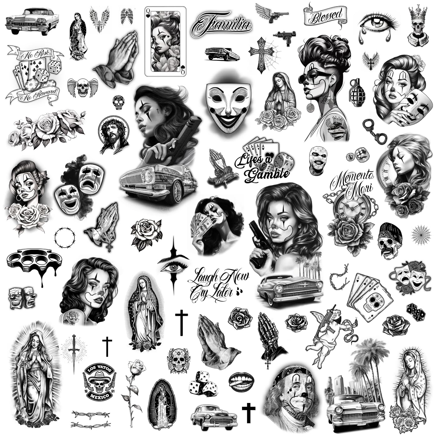 Los Vatos Chicano Bundle - Cholo and Chola Temporary Tattoos For Men Women, Payasa, Lowrider, Virgin Mary, Prayer, Cross, Chicana, Gangster, Fake Tattoo, Día de Muertos, Tatuajes Temporales