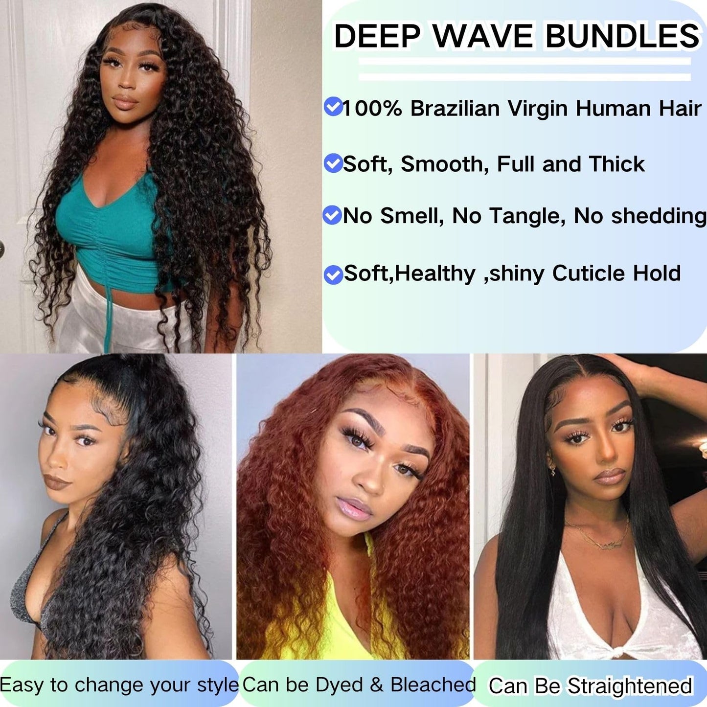Deep Wave Human Hair Bundles 22 Inch Brazilian Deep Wave Bundles Hair 100% Unprocessed Virgin Deep Curly Human Hair Water Wave Double Weft Deep Wave Hair Bundles Natural Black