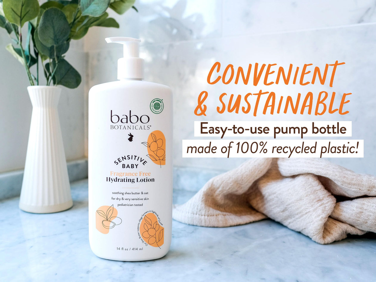 Babo Botanicals Sensitive Baby Fragrance-Free Daily Hydrating Baby Lotion - Shea Butter & Jojoba Oil - for Body & face - for Babies, Kids & Adults with Sensitive Skin - EWG Verified - Vegan - 14oz