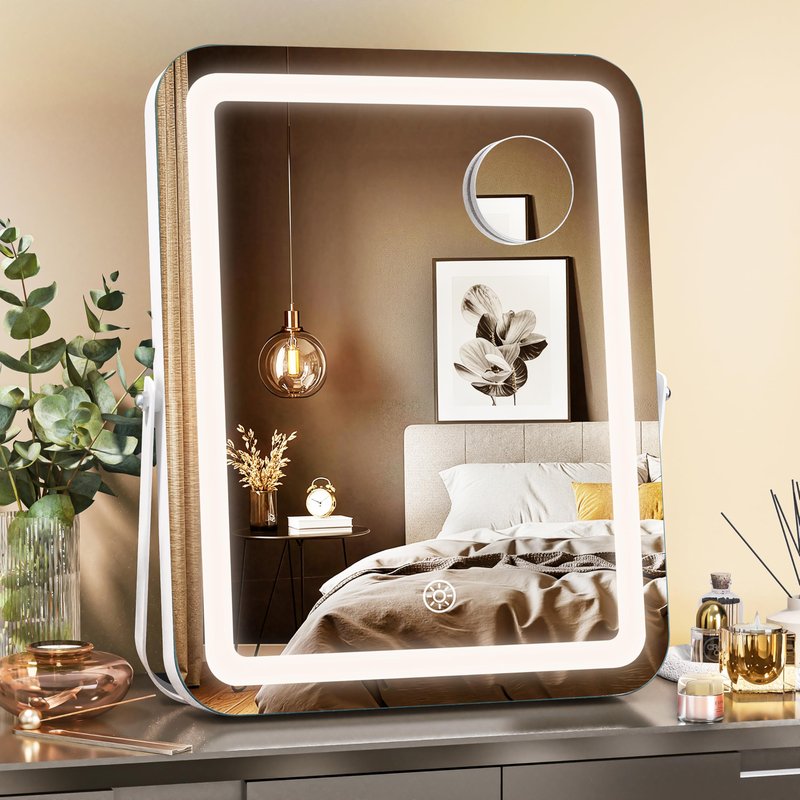 MINISO Vanity Mirror with Lights, 13.8" x 10.6" LED Makeup Mirror, Light & Brightness Adjustment, Smart Sensor, Aluminum Alloy Metal White Frame, with 5X Magnifying Glass