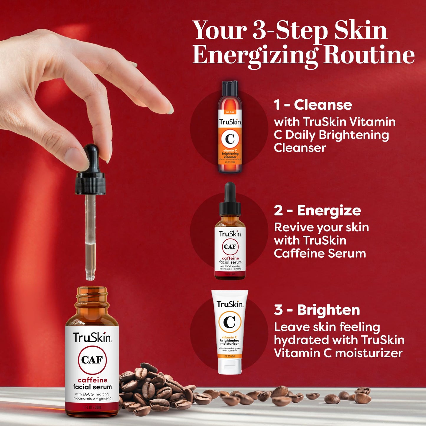 TruSkin Caffeine Face & Eye Serum - Energizing 5% Caffeine Serum with EGCG Niacinamide Matcha and Ginseng - Improve Look of Under Eye Dark Circles and Puffiness, 1 fl oz