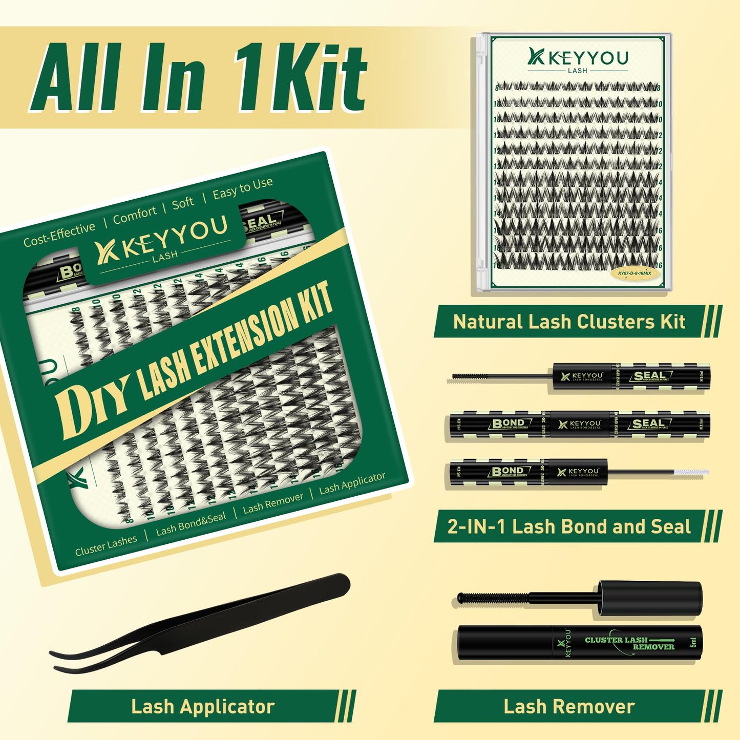 KEYYOULASH Lash Clusters Kit Natural 120pcs 8-18MIX Lash Extension Kit with Spiky Lash Clusters D Curl with Bond and Seal,Remover,Applicators for DIY Manga Eyelash Clusters at Home (KY07 Kit)