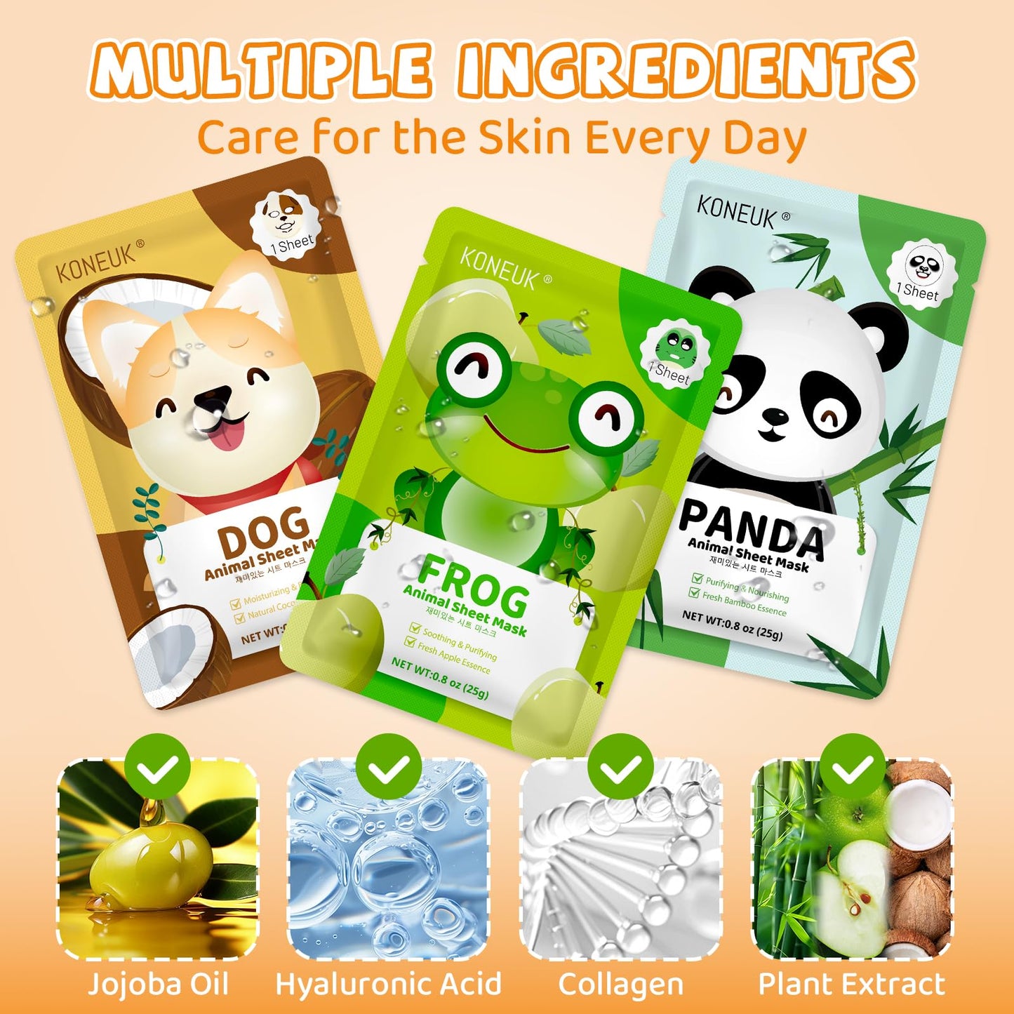 KONEUK 18 Pack Animal Face Mask for Kids, Bulk Sheet Face Masks Skincare for Girls, Collagen Hydrating Face Mask Spa Party Gifts for Teens, Sleepover Party Supplies, Birthday Gifts for Women