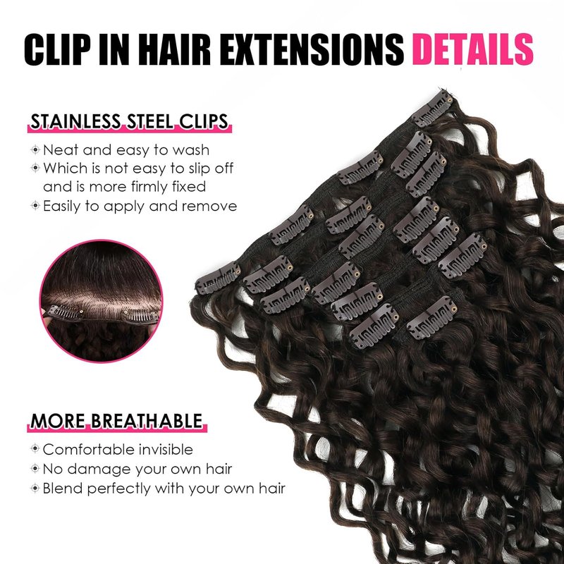 Natural Wavy Clip-In Hair Extensions - Remy Human Hair, Dark Brown | 18 Inch, 120g, Double Weft