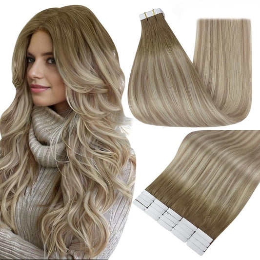 Full Shine Tape in Hair Extensions, Color 8 Light Ash Brown to 60 Ash Blonde and 18 Dirty Blonde, 16 Inch, 50g, 20PCS, Natural Invisible Seamless Tape in Extensions Human Hair Add Volume