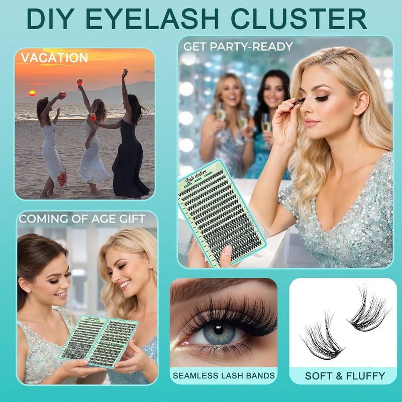 Lash Clusters Kit - 640pcs Wispy 30D/40D D Curl Individual Lash Extensions | Natural 9-16mm with Bond & Seal, Brush, Tweezers