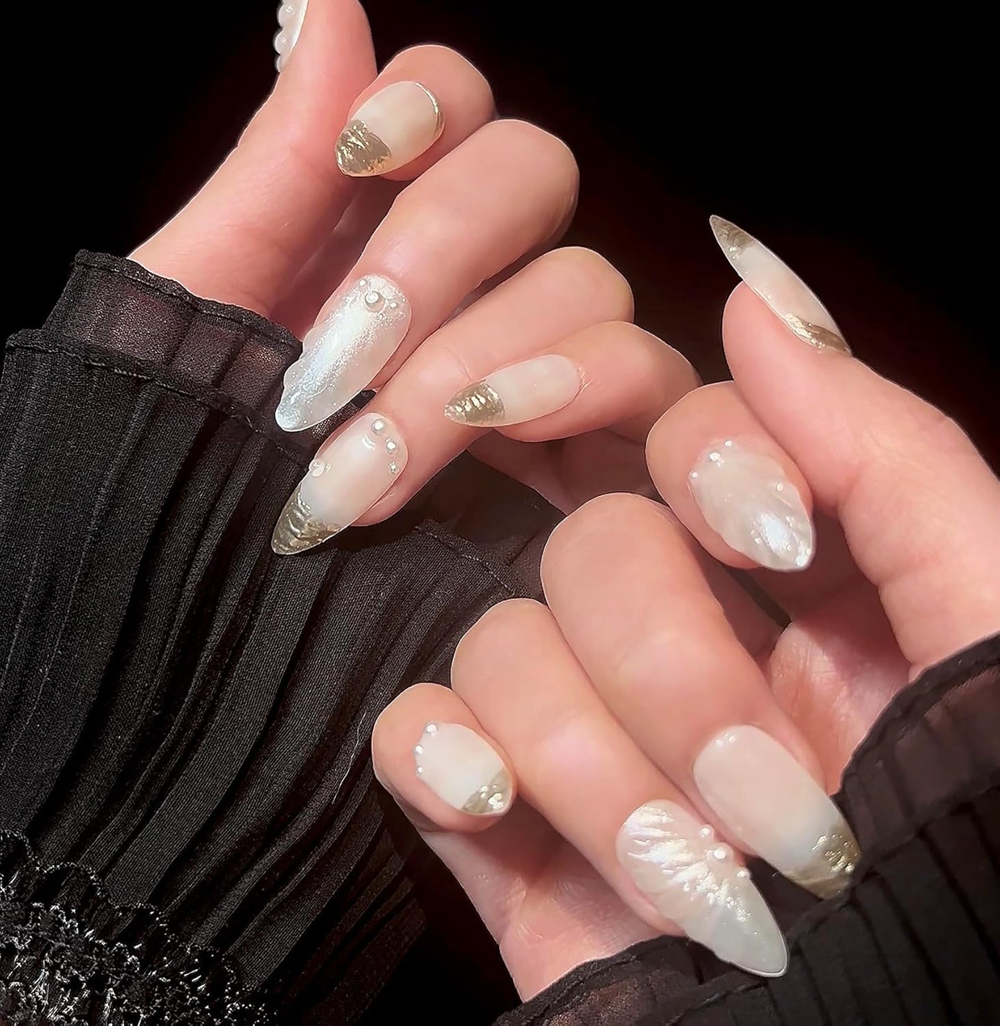 3D Sea Shell Press-On Nails - Handmade Medium Almond Beach Nail Art with Butterflies (L Size)