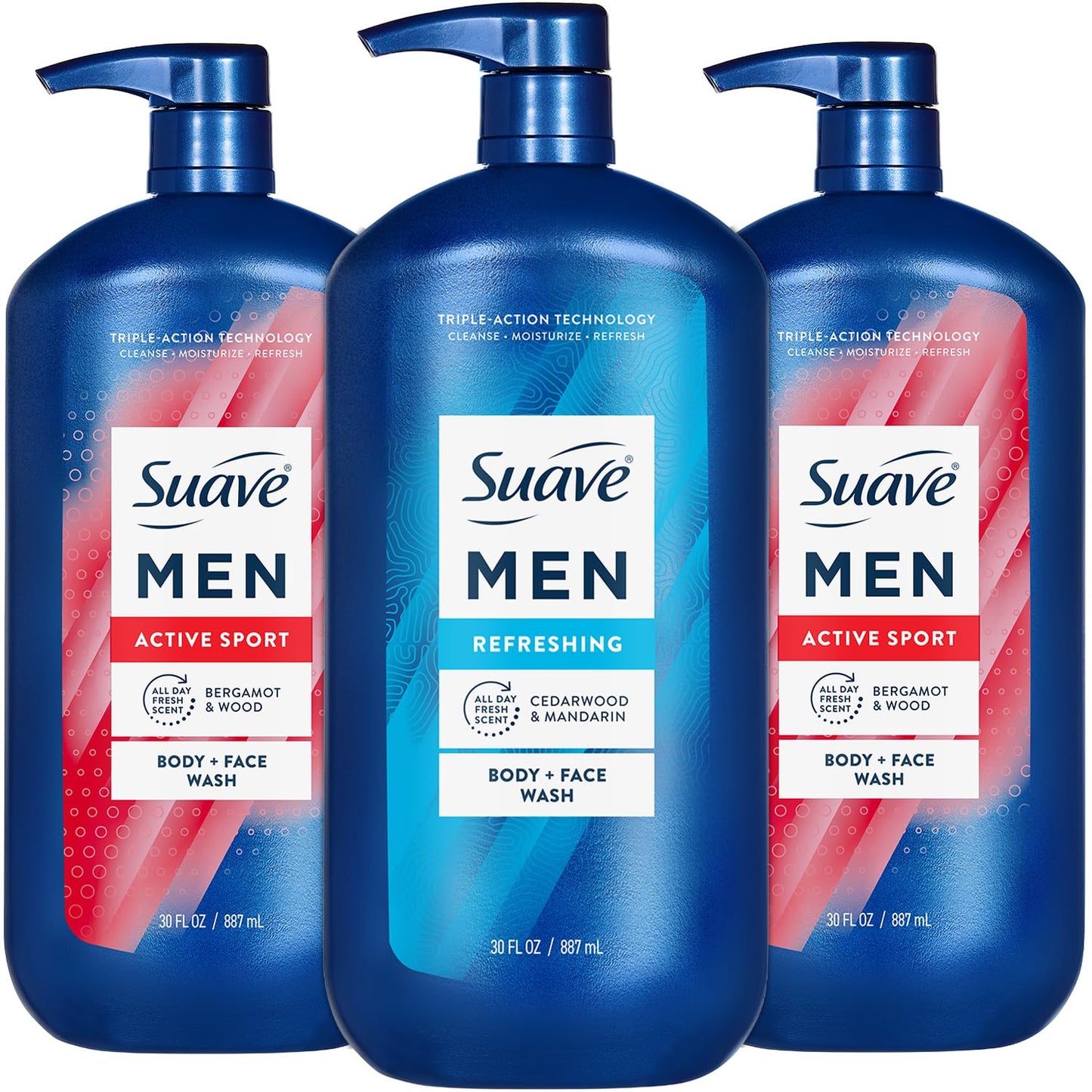 Suave Men Body Wash Bundle – Energizing Sport + Refreshing Body + Face Wash, 30 Oz Ea (3 Piece Set)