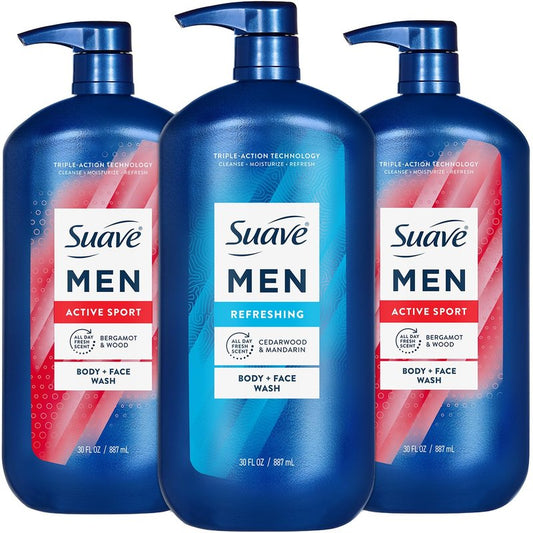 Suave Men Body Wash Bundle – Energizing Sport + Refreshing Body + Face Wash, 30 Oz Ea (3 Piece Set)