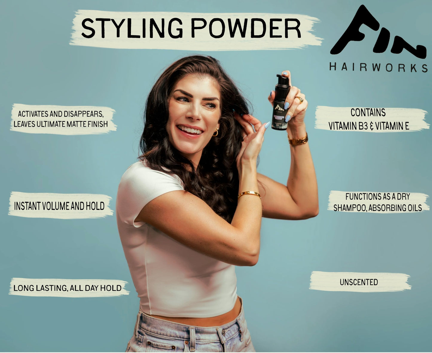 Fin Hairworks Plant Based Hair Texture Powder Spray, Volumizing Styling Powder, Natural Matte Finish, Medium to strong hold, Teens fluffy hair, Cheerleading, Wedding Updo, 20g non-aeresol puff pump