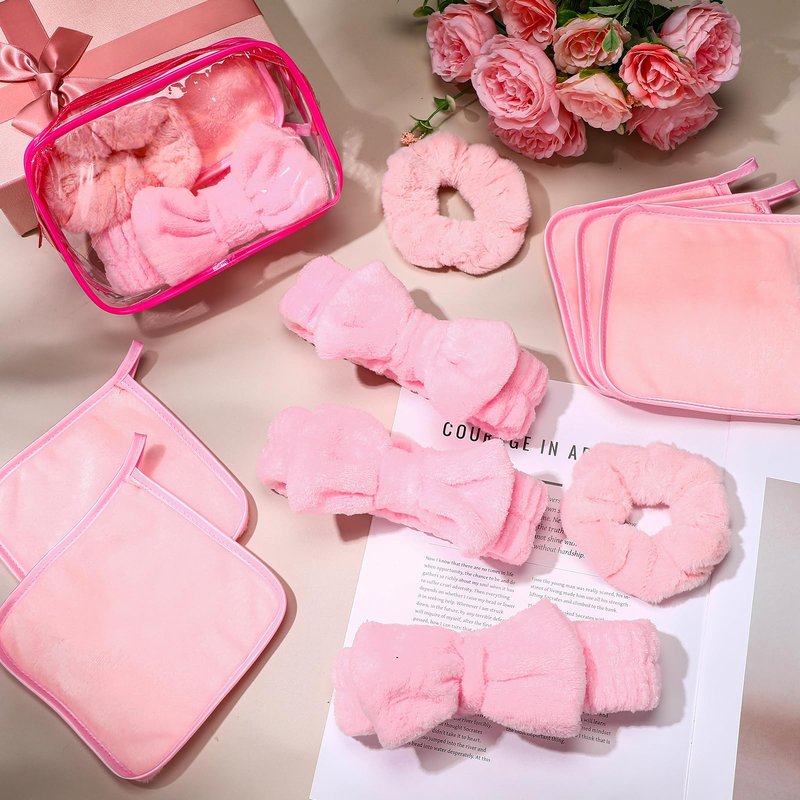 Mimorou 24 Pieces Sleepover Party Supplies for Women Spa Party Favors 6 Spa Headband 6 Velvet Scrunchies 6 Makeup Remover Cloth 6 Clear Cosmetic Bags for Mother Day Slumber Wedding Birthday(Pink)