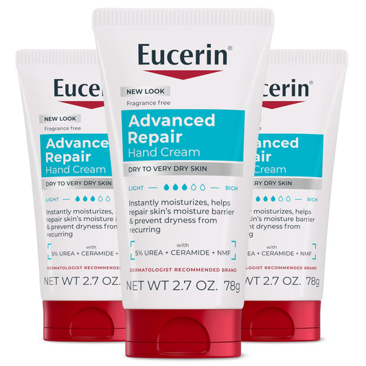 Eucerin Advanced Repair Hand Cream, Urea Enriched, Unscented Moisturizer for Dry Hands With Triple Moisturizing Complex, Travel Size Hand Cream, 2.7 OZ Tube, Pack of 3