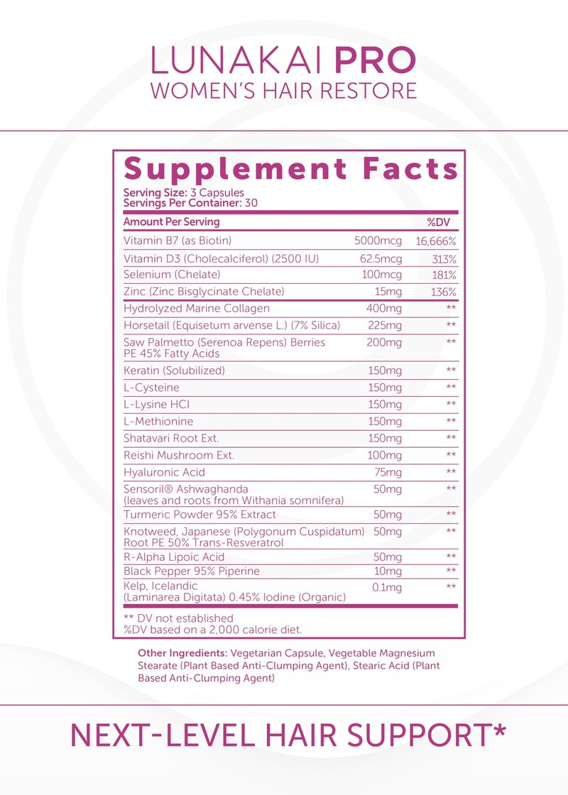 Lunakai USA Made Hair Growth Supplement for Women - Advanced 20 Nutrient with Marine Collagen, Saw Palmetto, Biotin & Keratin - Daily Hair Vitamins for Thicker Strands - 90 Capsules
