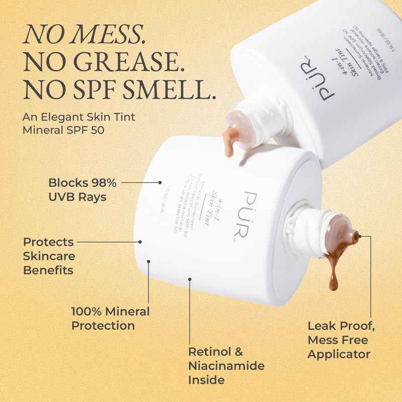 PÜR MINERALS Tinted Sunscreen for Face, 4-in-1 Skin Tint - Broad Spectrum Mineral Sunscreen, SPF 50 - Tinted Facial Moisturizer, Primer & Foundation for Sun Protection - Buildable Coverage – Bone