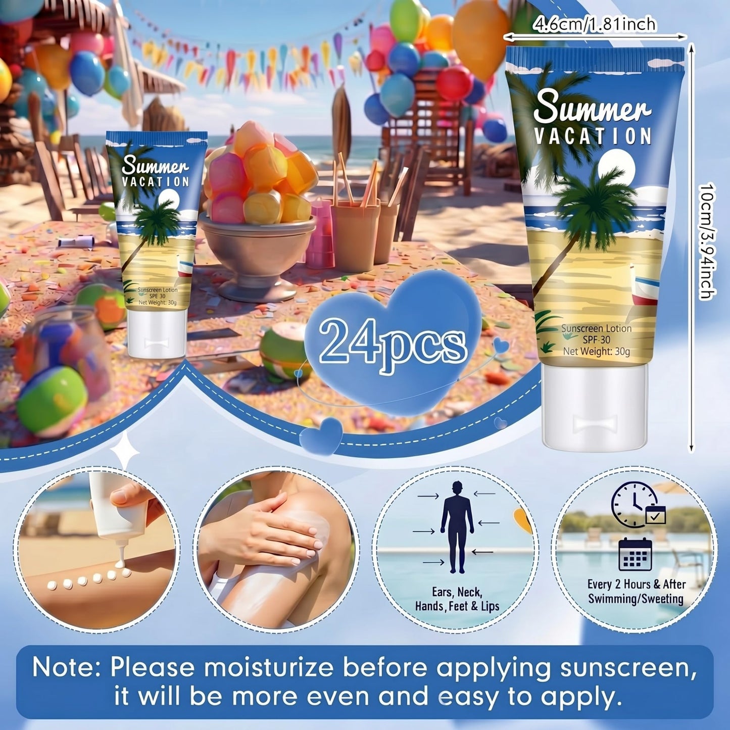 Dansib 24 Pcs Mini Sunscreen Bulk for Summer Party Wedding SPF 30 Water Resistant Sunscreen Lotion Bulk 1oz Travel Size for Thank You Gifts Wedding Supplies (Vacation)