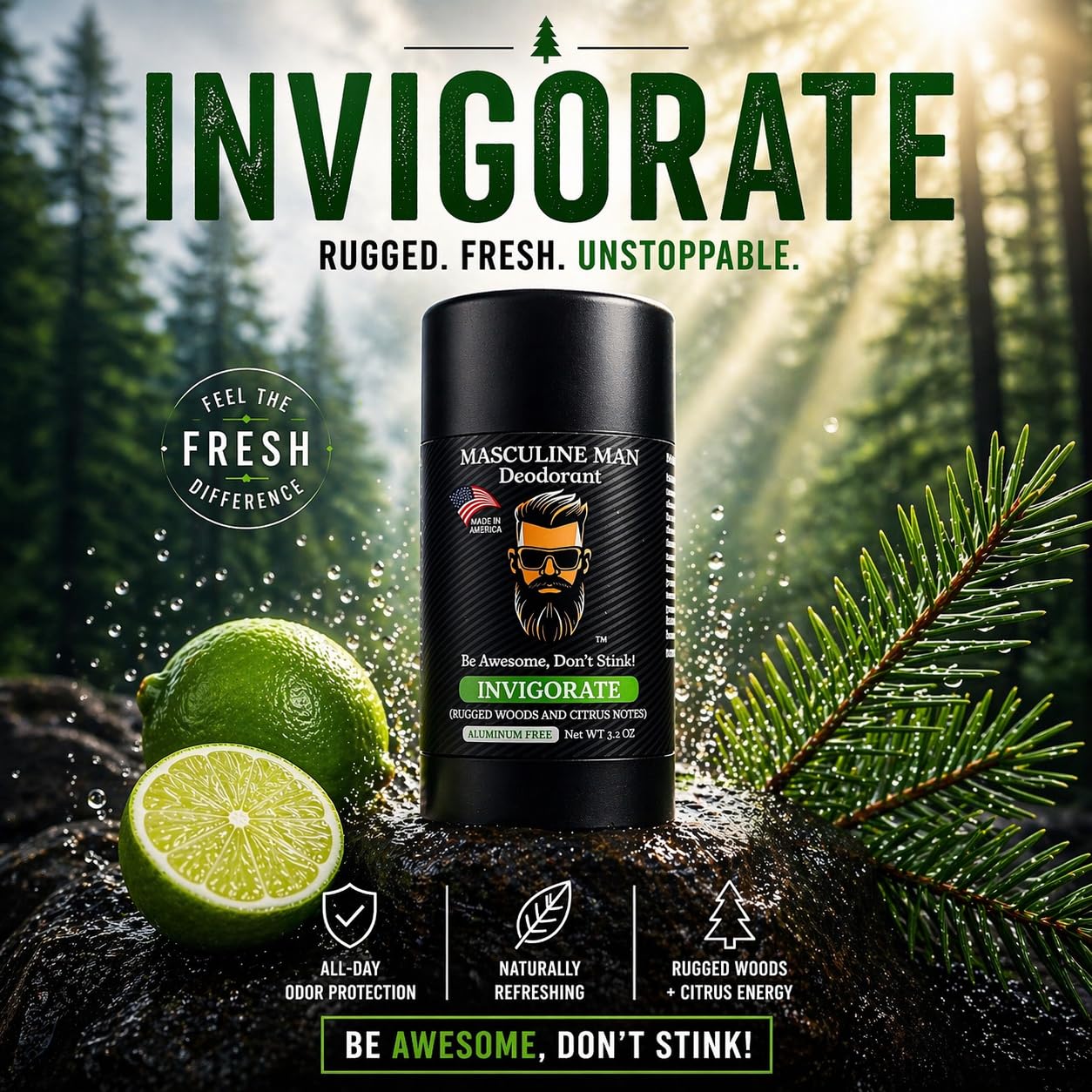 Aluminum-Free Men's Deodorant - Natural Sweat Protection | Stain-Free Stick, 3.2oz (Pack of 2)